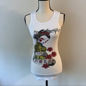 White Tank Top with Geisha